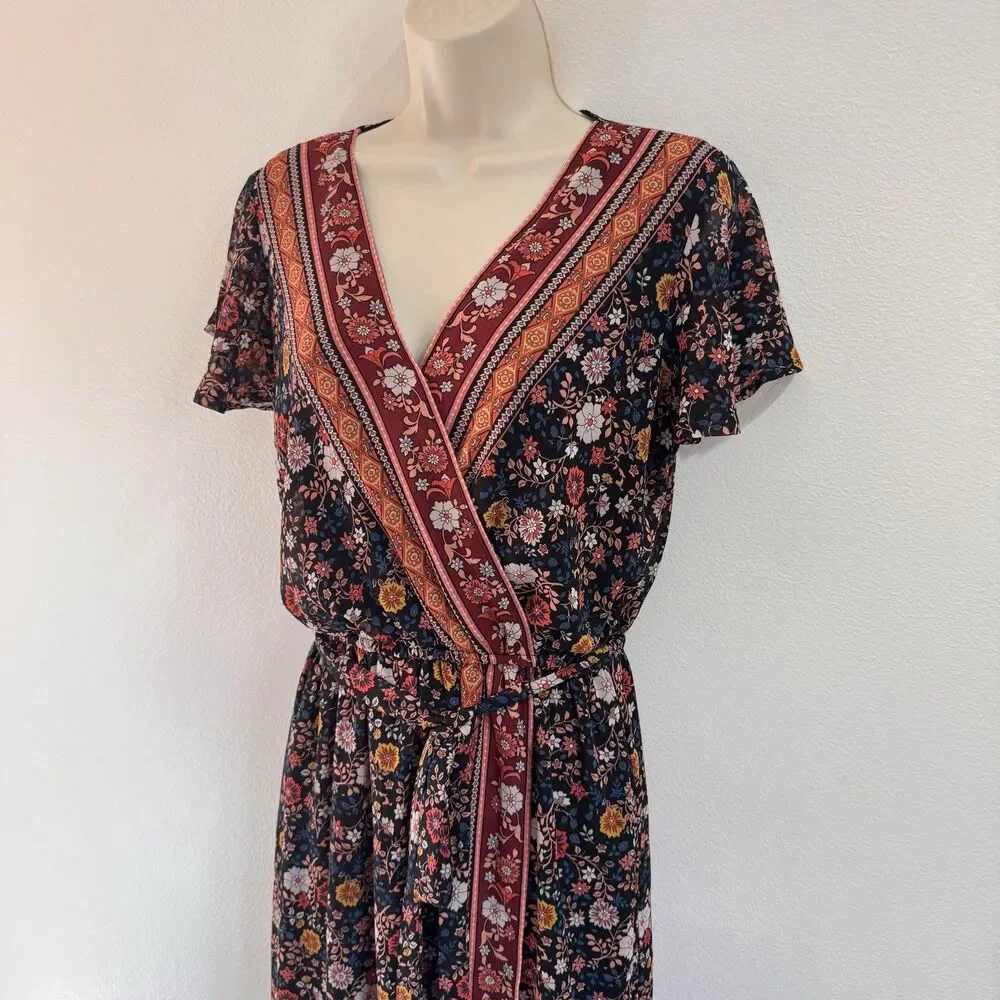 Xhilaration Shirt Dress L Maxi Faux Wrap Bohemian Floral Chiffon Short Sleeve